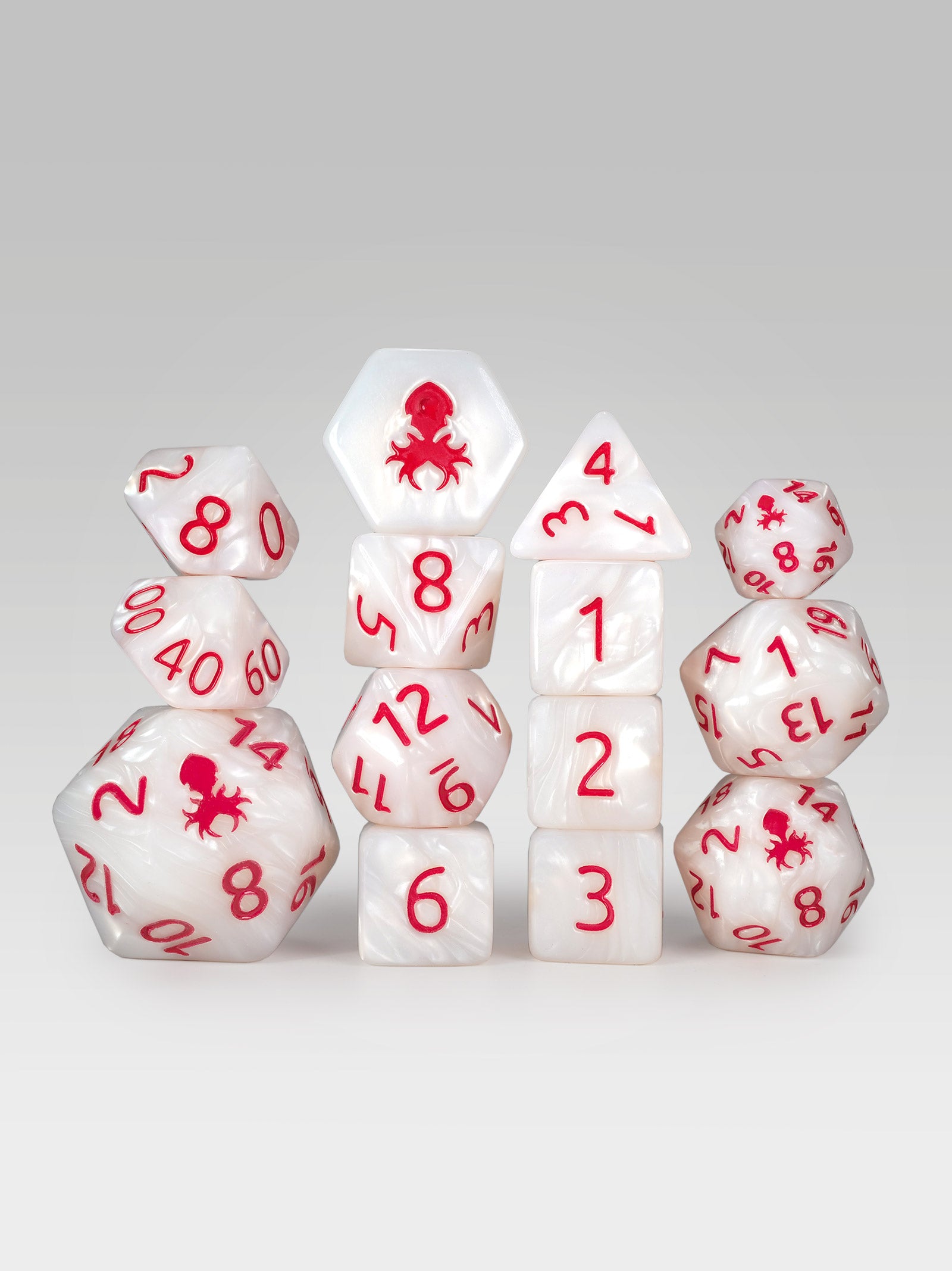 Kraken's Signature White 14pc Dice Set inked in Red